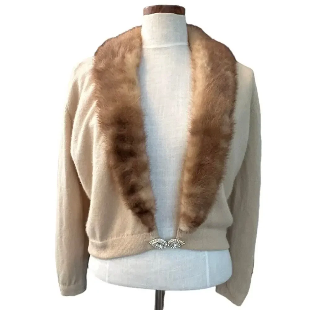 1950s Cashmere Cardigan Detachable Mink Fur Collar Rhinestone Clasp Glam SM - Picture 3 of 13